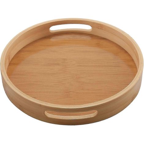 Plateau de service rond en bambou, idéal pour le dîner, le thé, le petit-déjeuner et le rangement. Poignée. (1/5)