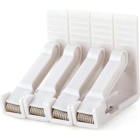 Set mit 4 weißen Tischdeckenklammern aus Kunststoff mit verstellbarer Klemme, geeignet für Tischplatten bis 4,5 cm Dicke. Ideal für Garten, Picknick, Party, Küche und Restaurant. 5,8 x 5,8 x 1 cm (1/4)