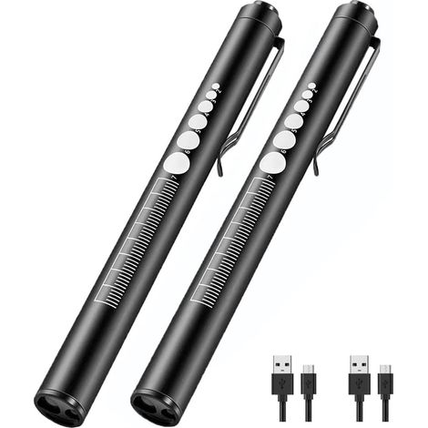 Lot de 2 Stylo Lampe Médicales pour Infirmière, Lampe Stylo Rechargeable par USB Stylo Lumineux avec Jauge de Pupille et Règle, Lampe de Poche LED à Double Faisceau pour Étudiants, Médecins [Classe én (1/5)