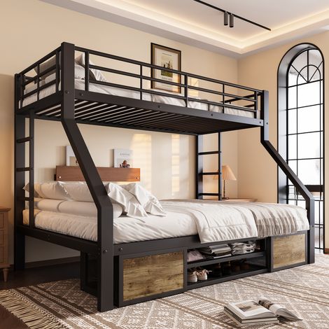 Letto a castello in metallo 90/140×200 cm, letto matrimoniale per bambini con contenitore, 2 ante e ripiano portascarpe aperto, certificato EN747, nero