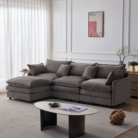 Canapé d'Angle chenille premium chaise longue et pouf confort d’assise respirant design modulable forme en L (1/4)