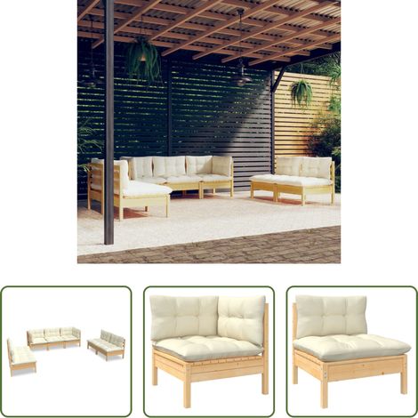 Terrassensofa - 7-tlg. Garten-Lounge-Set mit Creme Kissen Massivholz Kiefer (1/5)