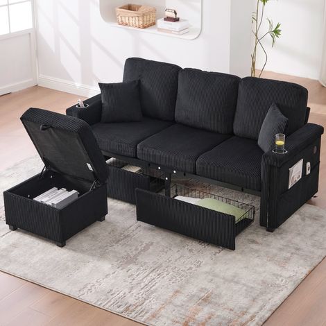 Canapé Modulable 3 Places avec Éclairage LED, 2 Tiroirs de Rangement, Pouf Stockage et Porte-Gobelets - Velours Côtelé - Noir (1/5)