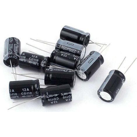 10 Condensateurs Électrolytiques Aluminium 25V 2200μF Axiaux 13x20mm Pour Circuits Électroniques (1/3)