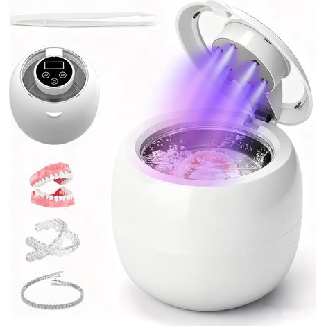 Nettoyeur Ultrasons, Ultrasonic Cleaner 45KHZ avec 6 Lampes UV, Batterie intégrée, 4 Réglages de Minuterie, 210ML Dental Pod pour Prothèses Dentaires