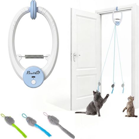 Mouse interactive for cat, rechargeable by USB and to hang to the door, in shape of mouse rebondissante, 24,1 x 13,8 x 6,6 cm, white. (1/5)