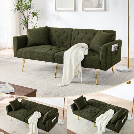 Canapé deux places moderne en polaire bouclée effet peluche, dossier inclinable sur 3 positions, 2 coussins inclus, pieds en métal robustes, doux et confortable — idéal pour salon, appartement en loca (1/5)