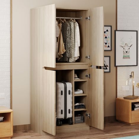 Schmaler Kleiderschrank mit Doppeltür und Staufächern, Garderobenschrank aus Holz MDF mit Kleiderstange, 70x40x170 cm, Holzfarbe und Weiß (1/5)