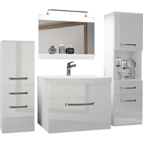 Belini – Ensemble de meubles de salle de bain 140 cm – Lavabo céramique inclus – Miroir 60x50 cm – 2 armoires suspendues – Lampe LED Luna (1/4)