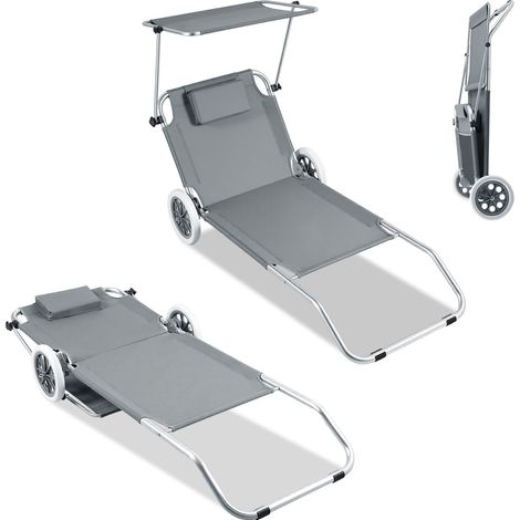 Wolketon Set 2 lettini prendisole pieghevoli con ruote 2 in 1, sdraio da spiaggia con parasole regolabile, 147×52×15 cm, grigio