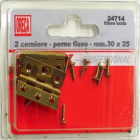ORECA - 2 CERNIERE TRETTE PIANE CON PERNO FISSO, OTTONE LUCIDO 30X25MM