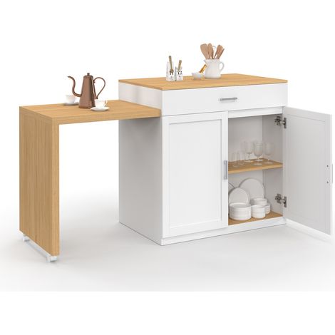 Mittelinsel VITO 94-155 cm weißes Holz mit integriertem ausziehbarem Esstisch in Buchenholzoptik