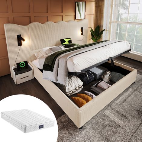 Lit double capitonné 160x200 avec lampe de lecture et fonction de chargement USB Type-C, cadre de lit coffre avec sommier à lattes en bois massif et métal, beige-blanc, tissu velours côtelé (avec mate (1/5)