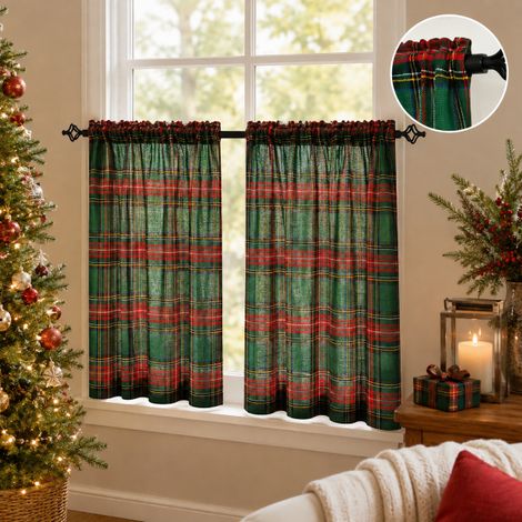 HEMVOR Lot de 2 rideaux voilages 62 × 64 cm – Polyester léger – passe-tringle, Noël – carreaux tartan, verts (1/5)