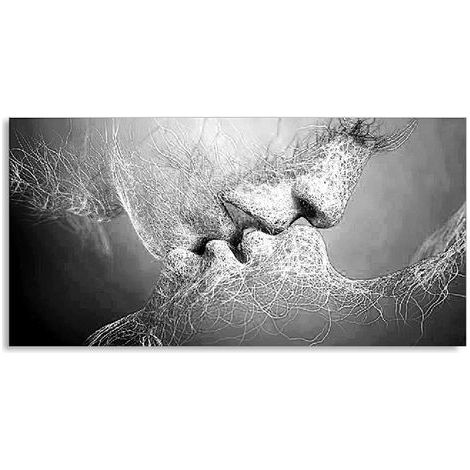 Tableau peinture à huile toile abstraite Baiser d'amour noir et blanc – Taille 40x80cm – Décoration murale élégante (1/4)