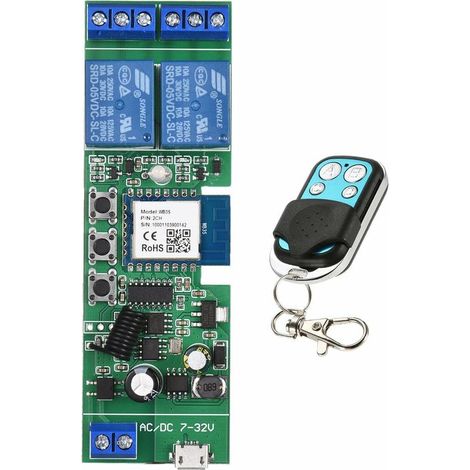 Green Mobility-Interrupteur Wifi Tuya 2Ch Dc5V/732V, Module De Relais Sans Fil, Interrupteur De Telecommande A Fonction De Synchronisation, 2 Canaux Plus Telecommande En Metal A Quatre Boutons (1/5)