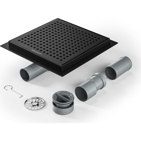 Gouttière de douche carrée 20 x 20 cm, siphon 360°, filtre anti-odeurs et filtre à cheveux, acier inoxydable, bonde de sol, bonde de douche, très plat, DN50 DN40, noir (1/5)