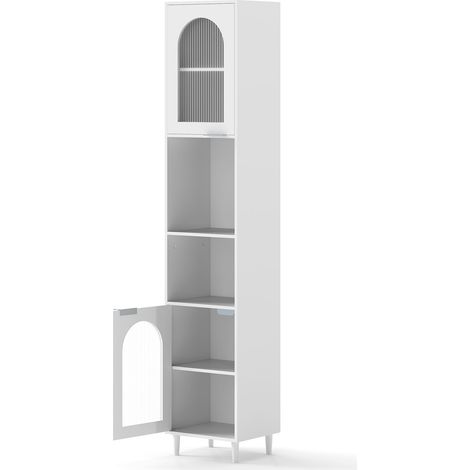 Costway – Meuble colonne de salle de bain haute – Rangement étroit avec 2 portes en verre trempé – Étagères réglables – Dimensions 30x35x180 cm – Blanc (1/5)