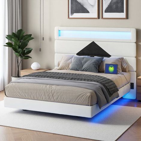 Letto 140x190 cm, 3HXF, USB, LED regolabile, Contemporaneo, letto per adulti, struttura letto matrimoniale 140x190 cm, Velluto, Beige