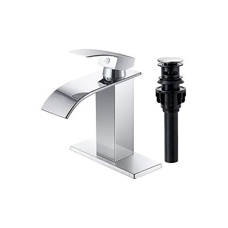 Mitigeur de lavabo effet cascade argenté en acier inoxydable sans plomb, robinet de salle de bain pour lavabo, vasque, meuble, plan de toilette et décoration moderne (1/3)