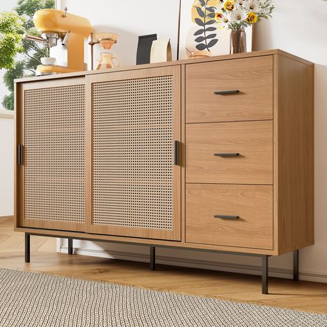 Sideboard 140x37x91 cm natural en Spanplatte mit 2 Schiebetüren, 3 Schubladen und verstellbaren Einlegeböden (1/5)