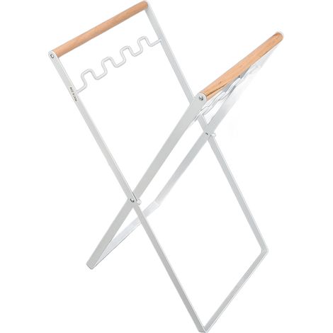 Support de Sacs Poubelle avec Poignée en Bois et Caoutchouc, Support en Fer au Design Plat, Pliable et Portable pour Intérieur et Extérieur, Blanc
