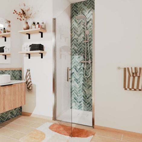 Cuisibane – Porte de douche pivotante 80 cm – Verre securit 6 mm anticalcaire – Charnière relevable – Système Stop Water pour étanchéité