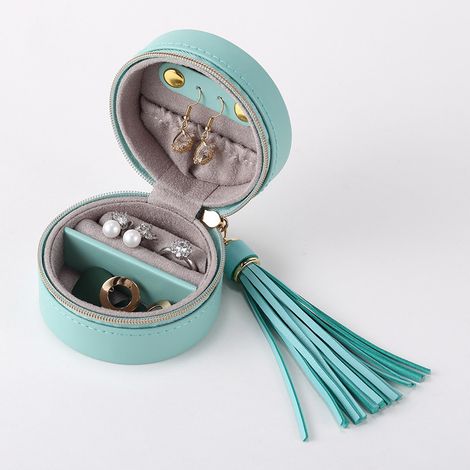 Boîte à bijoux de voyage ronde, boîte de rangement de bijoux de voyage portable, boîte de rangement de bijoux en cuir PU pour bagues, boucles d'oreilles, colliers(bleu) (1/5)