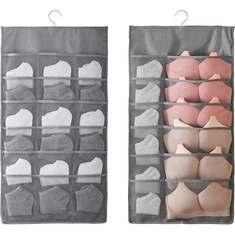 2 Pièces Organisateur de Rangement Suspendu Sac pour Chaussettes sous-vêtements Cravates de Soutien-Gorge, Penderie Placard Cintre étagères, 30 Poches Double-Face Porte-séparateur de Porte