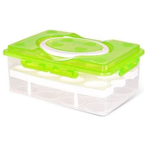 Two-Tier Egg Box - for 24 eggs - High-quality box, carrying handle, egg holder for refrigerator, lid & clip, for indoor and outdoor use, Green (1/5)