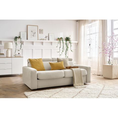 BOBOCHIC - Canapé droit convertible MONACO ouverture express tissu lisse 140x190 Beige (1/5)