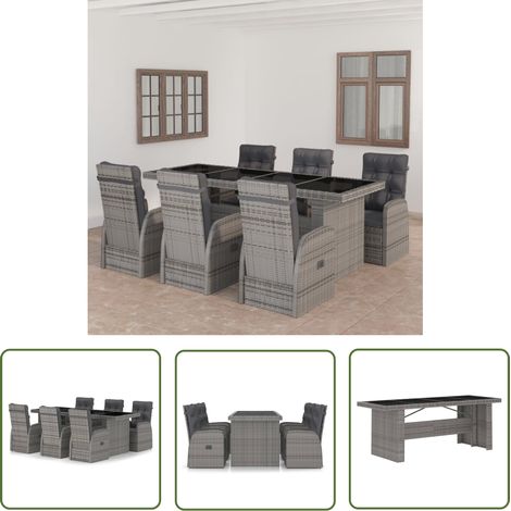 The Living Store 7-tlg. Garten-Essgruppe mit Kissen Poly Rattan Grau - Gartensessel - Gartenstuhl - Gartenmöbelset - Outdoor Möbel - Balkonmöbel (1/5)