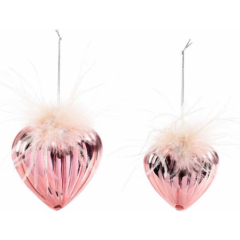 Cuori in vetro lavorato con piume rosa da appendere, set da 3 pezzi, Grande: cm 9,5 x 3,5 x 10 H