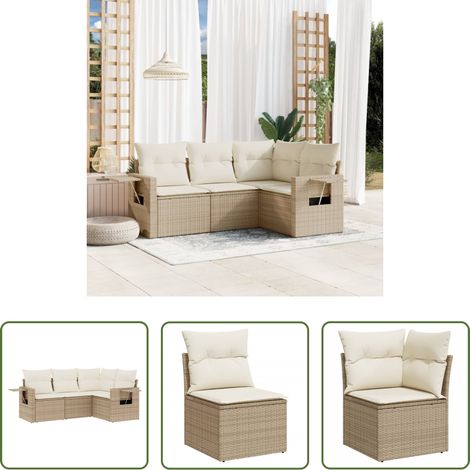 vidaXL Rattanmöbel - 4-tlg. Garten-Sofagarnitur mit Kissen Beige Poly Rattan (1/5)