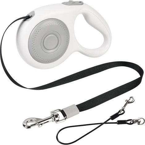 Laisse rétractable pour chien de 5 m , blanc,résistante aux morsures, avec mousqueton en fil de fer et sangle en nylon robuste, 360° antinœuds