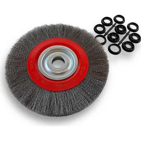 Brosse circulaire ACIER Ø 250 mm Epaisseur 2 rangs Fil souple 0.20 mm ondulé Alésage 32 mm + réducteur bague 25/22/20/16/12 mm Touret meuleuse affûteuse ponceuse Kibros 231252AV