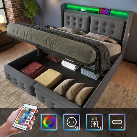 Lit double 140x200 – LED + USB-C – Hydraulique – Bois/métal – 300kg – Gris coton – Sans matelas (1/5)