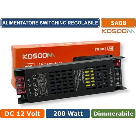 KOSOOM SA08 ALIMENTATORE TRASFORMATORE SLIM METALLICO STABILIZZATO SWITCHING DIMMERABILE 220V-12V 16.6A 200 WATT COLORE NERO IP20 (1/5)