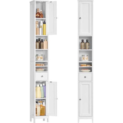 Mobiletto da bagno alto 19,5 x 21,4 x 180 cm stretto con ripiani regolabili cassetto e vani a giorno per piccoli spazi moderno bianco 120005198