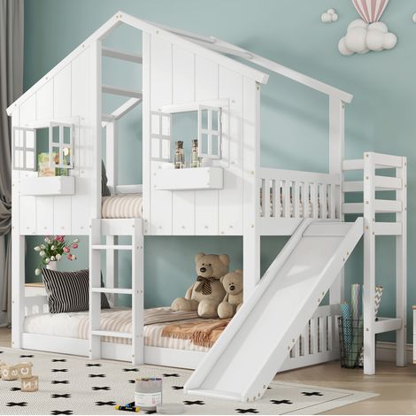 Litera infantil 90x200 cm blanca y natural, madera y MDF con tobogán y ventanas (1/5)