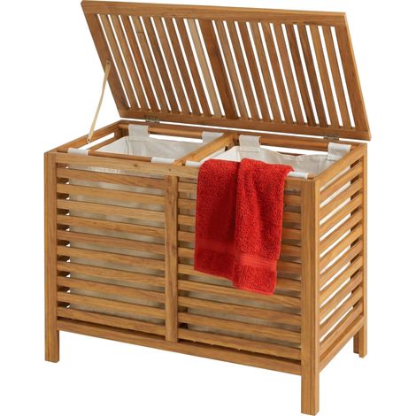 Relaxdays Wäschesammler 2 Fächer, Wäschetruhe 150 L, entnehmbare Wäschesäcke, HBT: 67,5x89x46,5 cm, Walnussholz, natur (1/5)