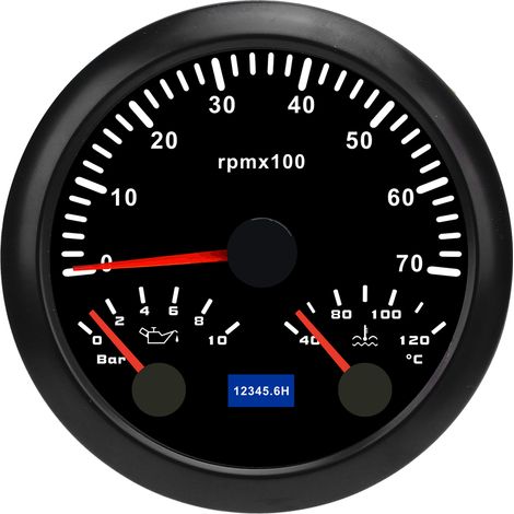 Ortviai Compteur 3-en-1 85 mm pour camion/tracteur/voiture – CX8287B, 7000 tr/min, pression huile 0-10 bar, temp. eau 40-120 °C, rétroéclairage 7 couleurs (1/5)
