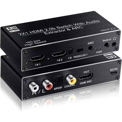 Commutateur HDMI 2 en 1 avec extracteur audio, sortie SPDIF optique et RCA 4K 60Hz ARC