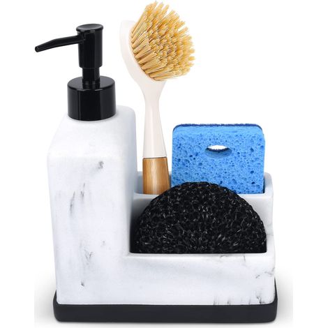 Distributeur de savon et liquide vaisselle 3-en-1 avec porte-éponge pour évier de cuisine et salle de bain, design de marbre blanc, pour les mains et la vaisselle, organiseur de plan de travail, blanc (1/5)