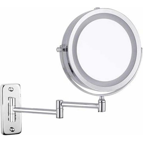 Espejo de maquillaje de pared - Espejo cosmético LED de doble cara 10X, giratorio 360°, funciona con pilas (no incluidas), cromado, 18 cm (1/5)