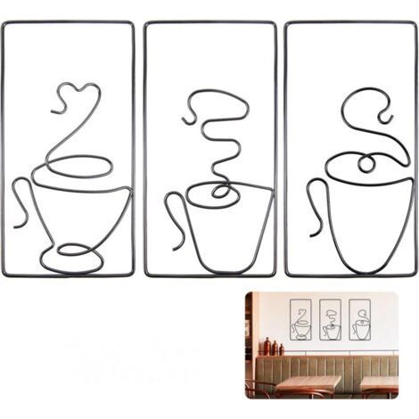Lntyq Décoration Murale en Métal, Cadres Decoratif Murales Fer Tasse à Café Art Minimaliste Muraux pour Cafe Cuisine Salon de Thé Restaurant Pub Deco, 3Pcs Noir, 24 x 12 cm (1/5)