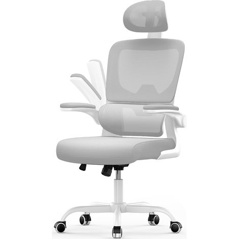 Office Desk Chair - bigzzia high back Mesh Office Chair with Flip-Up Armrest - Computer Chair with Back Support and Headrest - Grey