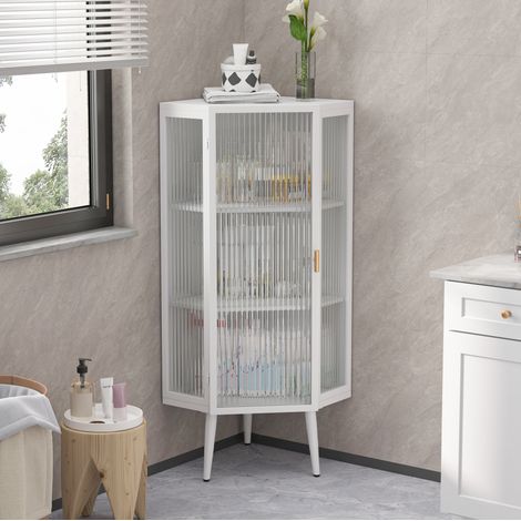 Eckschrank 56 × 42,5 × 110 cm in Weiß aus Metall und Sicherheitsglas (1/5)