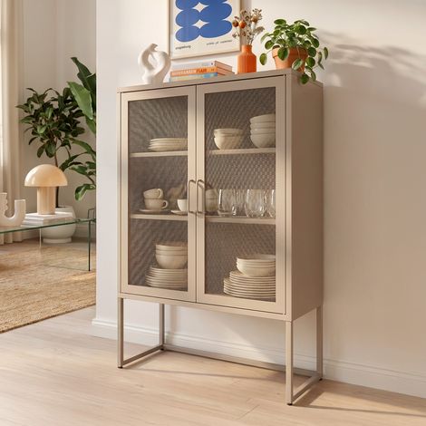 Buffet haut industriel en métal H.120cm 2 portes mesh grillagé beige - KAI (1/5)