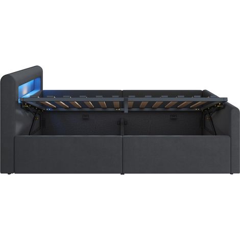 Polsterbett 90 x 200 cm mit LED, USB-Anschluss, hydraulischem Stauraum, dunkelgrauem Samt (1/5)